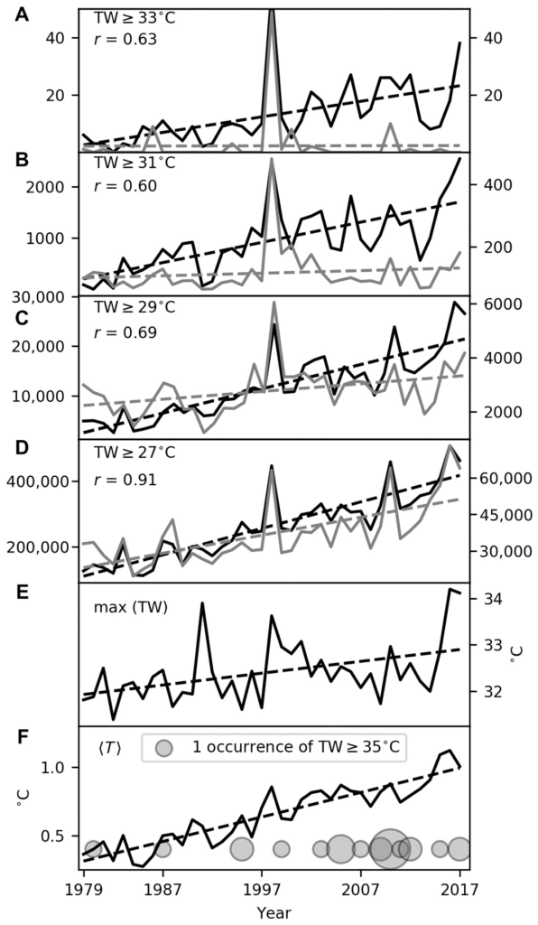 Global trends in extreme humid heat. (A to D) Annual global counts of TW exceedances above the thresholds labeled on the respective panel, from HadISD (black, right axes, with units of station days) and ERA-Interim grid points (gray, left axes, with units of grid-point days). We consider only HadISD stations with at least 50% data availability over 1979–2017. Correlations between the series are annotated in the top left of each panel, and dotted lines highlight linear trends. (E) Annual global maximum TW in ERA-Interim. (F) The line plot shows global mean annual temperature anomalies (relative to 1850–1879) according to HadCRUT4 (40), which we use to approximate each year’s observed warming since preindustrial; circles indicate HadISD station occurrences of TW exceeding 35°C, with radius linearly proportional to global annual count, measured in station days. Graphic: Raymond, et al., 2020 / Science Advances