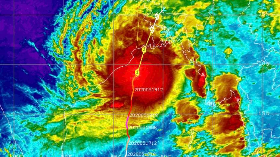 Enhanced infrared image of Tropical Cyclone Amphan nearing landfall in far eastern India at 0200Z (7:30 am EDT) Wednesday, 20 May 2020. Graphic: CIMSS / SSEC / UW-Madison