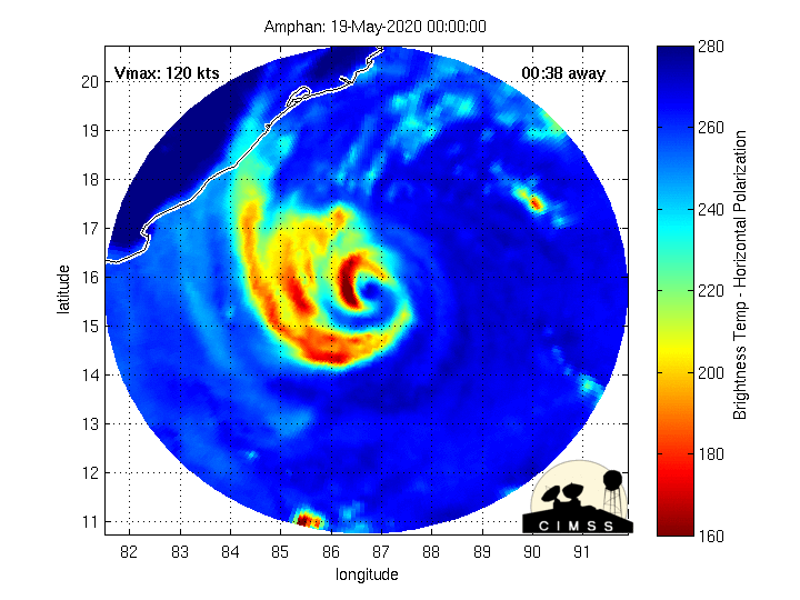 Microwave satellite image of Cyclone Amphan's inner core on 19 May 2020, showing the exposed eyewall on the storm's eastern side. This is indicative of a weaker storm. Graphic: U-Wisconsin / CIMSS