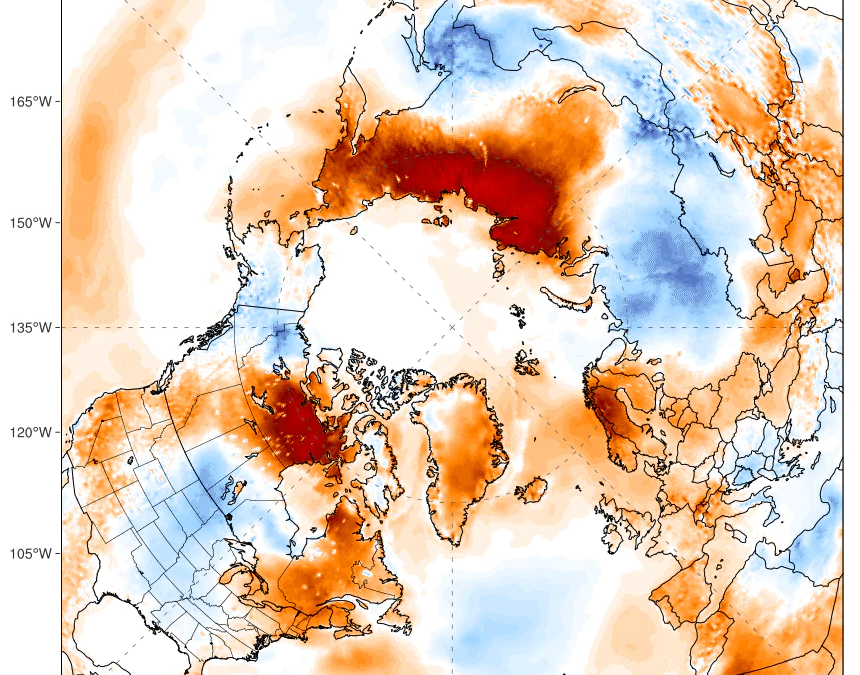 Arctic temperature departures from average for 21 June 2020, showing extreme temperatures in Siberia and parts of Canada. The northeastern Siberian town of Verkhoyansk is likely to have set a record for the highest temperature documented in the Arctic Circle, with a reading of 100.4 degrees (38 Celsius) recorded Saturday, 20 June 2020. Graphic: Climate Reanalyzer