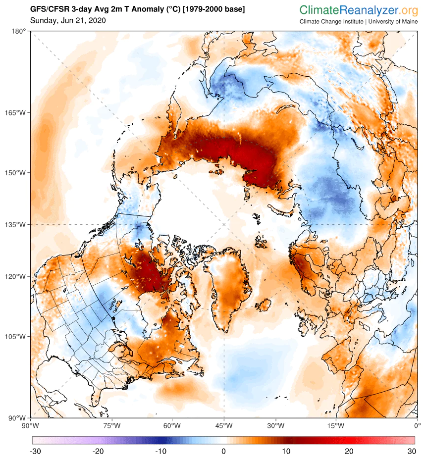 Arctic temperature departures from average for 21 June 2020, showing extreme temperatures in Siberia and parts of Canada. The northeastern Siberian town of Verkhoyansk is likely to have set a record for the highest temperature documented in the Arctic Circle, with a reading of 100.4 degrees (38 Celsius) recorded Saturday, 20 June 2020. Graphic: Climate Reanalyzer