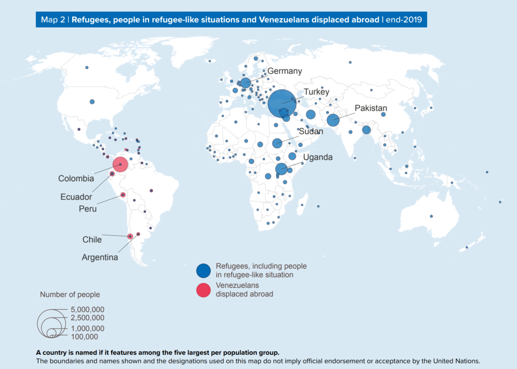World map showing refugees, people in refugee-like situations, and Venezuelans displaced abroad at the end of 2019. Graphic: UNHCR