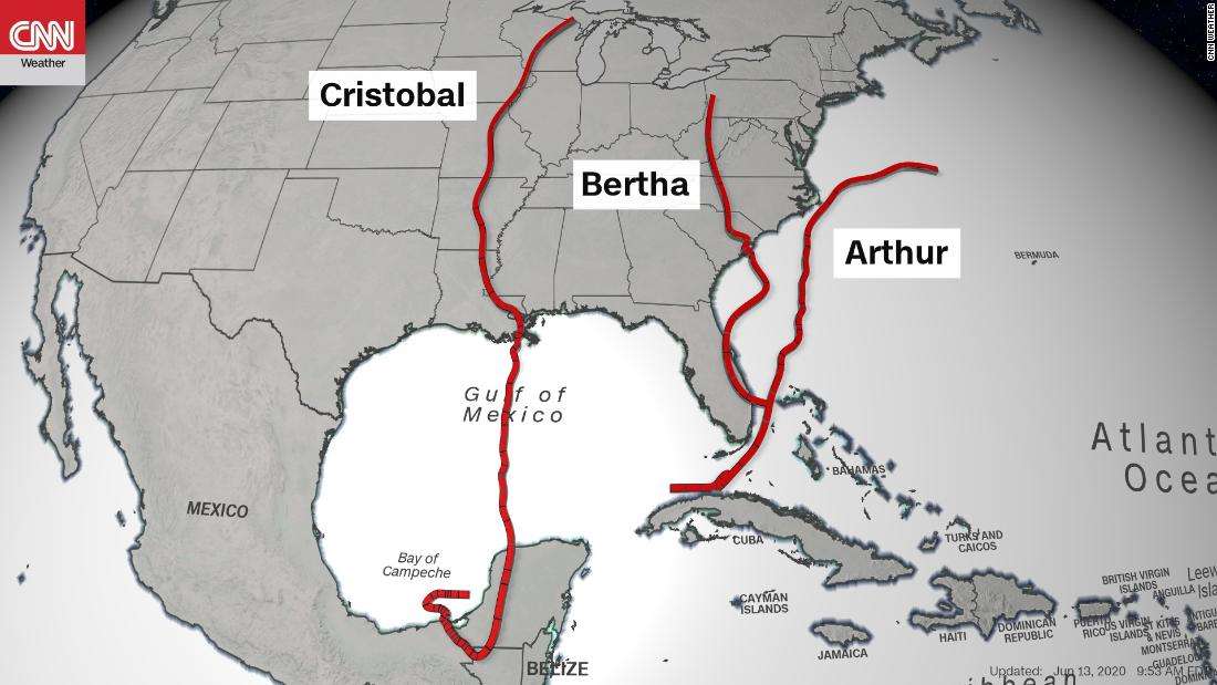 Map showing tracks of tropical storms Arthur, Bertha, and Cristobal in 2020. “We did set a record for the earliest third named storm formation date on record, breaking the old record set in 2016,” says Phil Klotzbach, a research scientist at Colorado State University. Graphic: CNN Weather