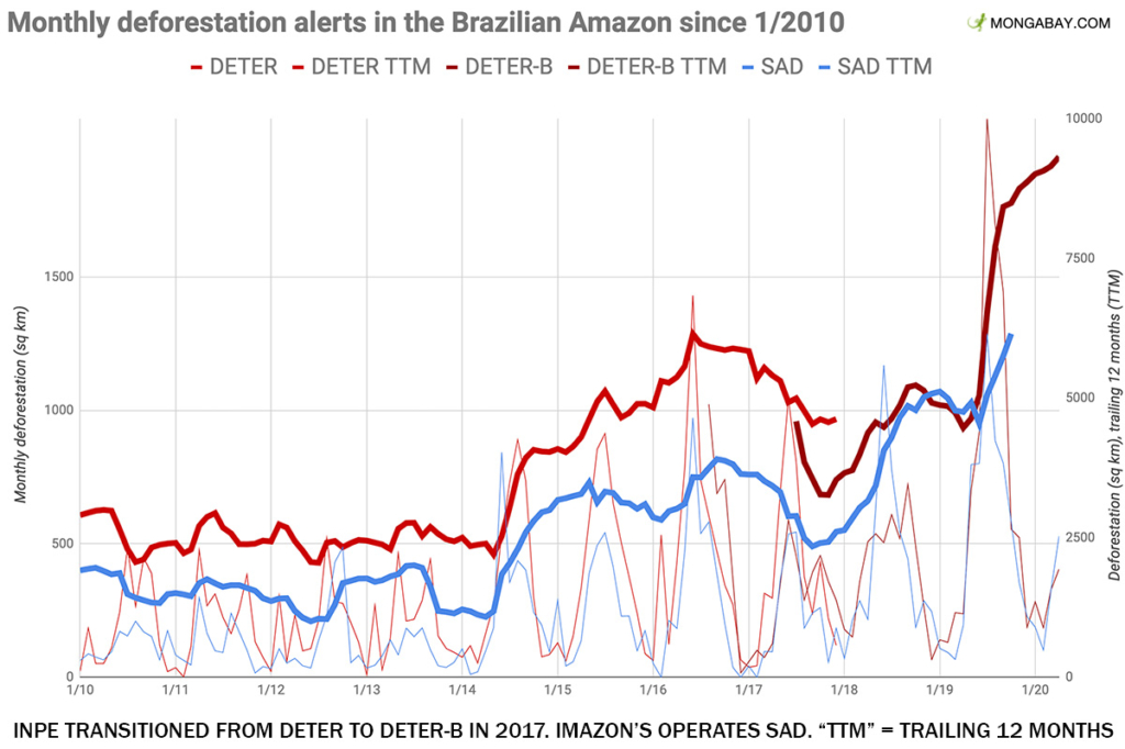 Monthly deforestation alerts in the Brazilian Amazon, 2010-2020. Data: INPE. Graphic: Mongabay