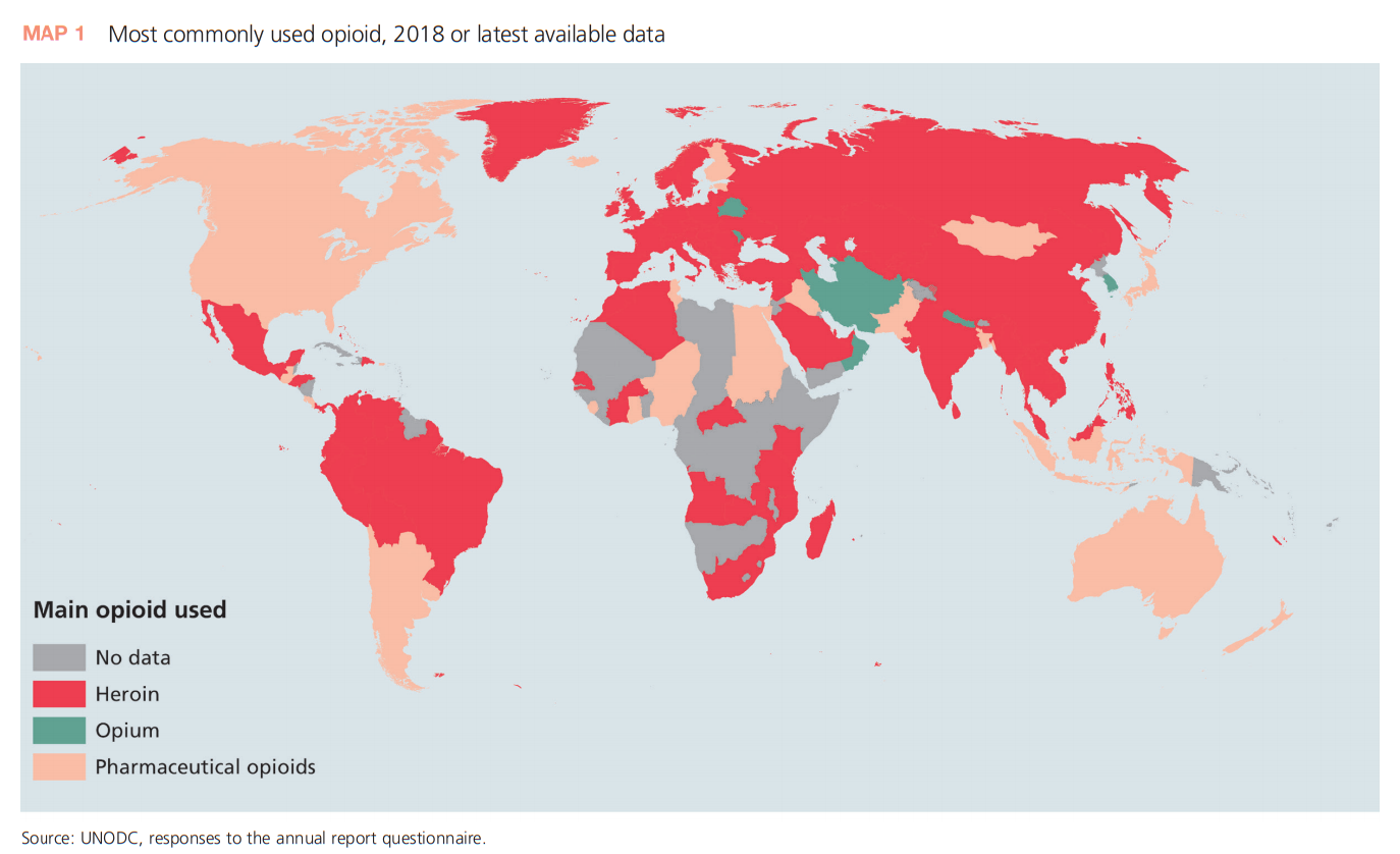 Map showing the most commonly used opioid, 2018 or latest available data. Data: UNODC, responses to the annual report questionnaire. Graphic: UNODC