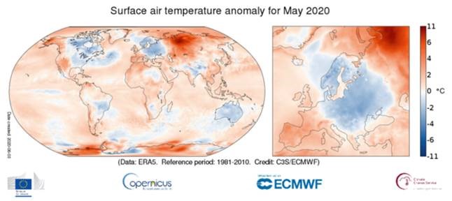 Map showing surface air temperature anomaly for May 2020 relative to the May average for the period 1981-2010. May 2020 was the hottest May on record. Data: ERA5. Graphic: Copernicus Climate Change Service / ECMWF