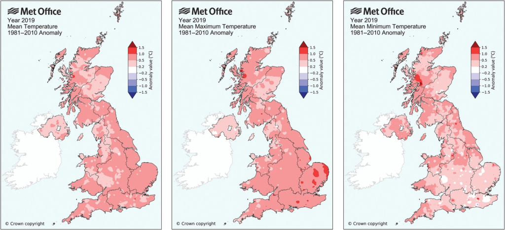 2019 UK annual average temperature anomalies (°C) relative to 1981–2010 average for mean, maximum and minimum temperature. Bulls‐eye features present in the T min map are likely to be due to localized micro‐climate features, such as frost hollow effects, at individual weather stations which the gridding process is unable to fully represent. Graphic: Kendon, et al., 2020 / International Journal of Climatology