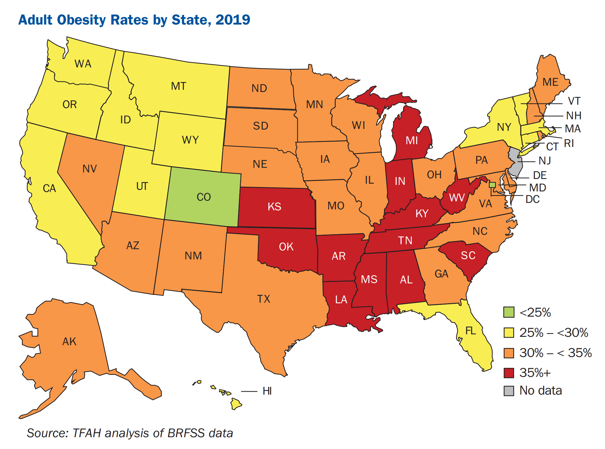 U.S. adult obesity rate by state, 2019. Graphic: Trust for America’s Health