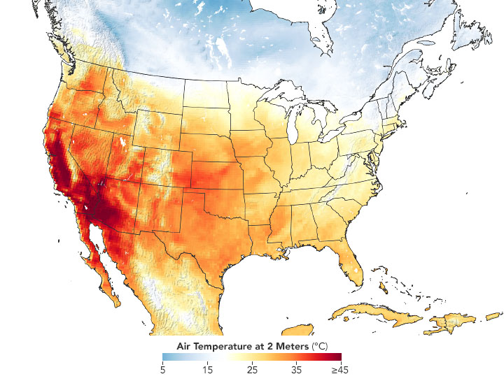 Air temperatures across the United States on 6 September 2020, when much of the Southwest roasted in a dramatic heatwave. The map was derived from the Goddard Earth Observing System (GEOS) model and represents temperatures at 2 meters (about 6.5 feet) above the ground. The darkest red areas are where the model shows temperatures surpassing 113°F (45°C). Graphic: Joshua Stevens / NASA Earth Observatory