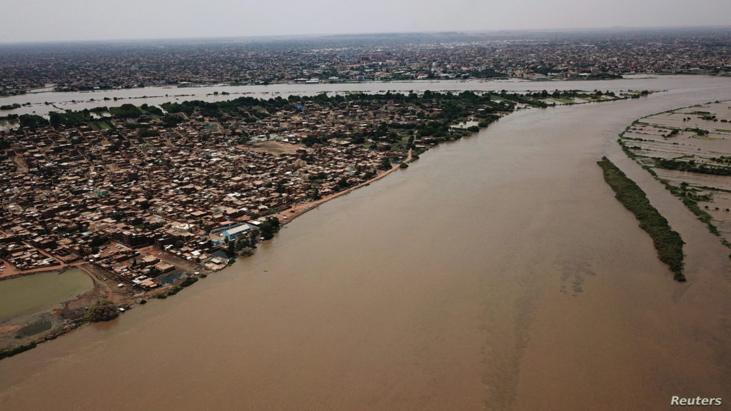 An aerial view shows buildings and roads submerged by floodwaters near the Nile River in South Khartoum, Sudan, 8 September 2020. Photo: Reuters