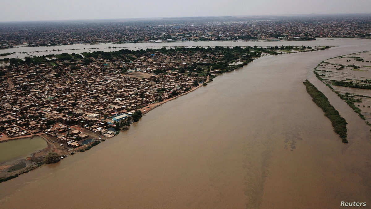 An aerial view shows buildings and roads submerged by floodwaters near the Nile River in South Khartoum, Sudan, 8 September 2020. Photo: Reuters