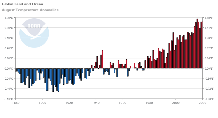 Global land and ocean temperature anomalies, 1880-2020. Graphic: NOAA / NCEI
