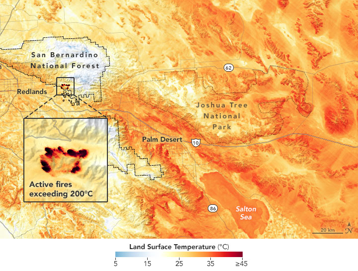 Land surface temperatures (LSTs) on 6 September 2020 near San Bernardino National Forest. The data come from NASA’s ECOsystem Spaceborne Thermal Radiometer Experiment on Space Station (ECOSTRESS), which uses a scanning radiometer to measure thermal infrared energy emitted from Earth’s surface. Note that LSTs are not the same as air temperatures: They reflect how hot the surface of the Earth would feel to the touch and can sometimes be significantly hotter or cooler than air temperatures. The map also captures the El Dorado fire, which had burned more than 11,000 acres and was 19 percent contained as of 9 September 2020. Graphic: Joshua Stevens / NASA Earth Observatory