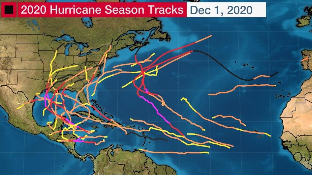 Hurricane tracks during the 2020 storm season, 1 December 2020. Graphic: Weather Channel