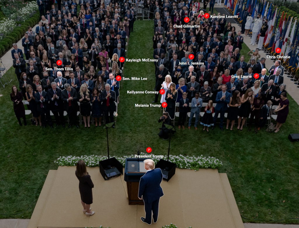 Judge Amy Coney Barrett and Donald Trump speak to Republicans at the “superspreader” celebration at the White House for her swearing-in as Supreme Court Justice, 26 September 2020. Eleven people who later tested positive for the coronavirus, including Trump, are indicated. Despite being linked to these infections, the White House did not trace contacts of those who attended the event. Photo: Alex Brandon / Associated Press / The New York Times