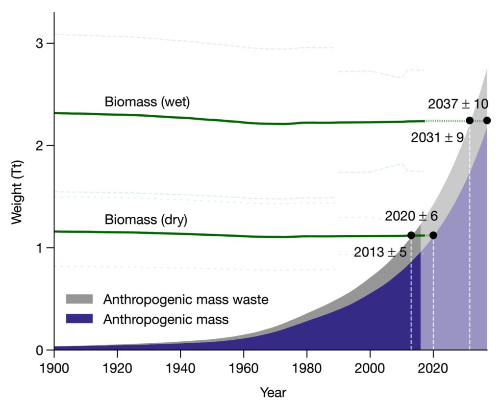 Biomass (dry and wet), anthropogenic mass and anthropogenic mass waste estimates since the beginning of the twentieth century. Green lines show the total weight of biomass (± 1 s.d.). Anthropogenic mass weight is plotted as an area chart. The wet-weight estimate is based on the results presented in Fig.1 and the respective water content of major components (seeMethods). The year 2013±5 marks the time at which the dry biomass is exceeded by the anthropogenic mass, including waste. The years 2037±10 and 2031±9 mark the times at which the wet biomass is exceeded by the anthropogenic mass and the total produced anthropogenic mass, respectively. The uncertainties of the years of intersection were derived using a Monte Carlo simulation, with 10,000 repeats (seeMethods). Weights are extrapolated for the years 2015–2037 (lighter area). Graphic: Elhacham, et al., 2020 / Nature