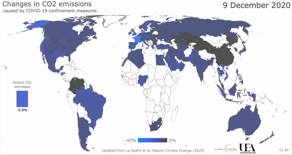 Changes in global CO2 emissions for 2020 caused by COVID-19 confinement measures. Graphic: UEA / Global Carbon Project