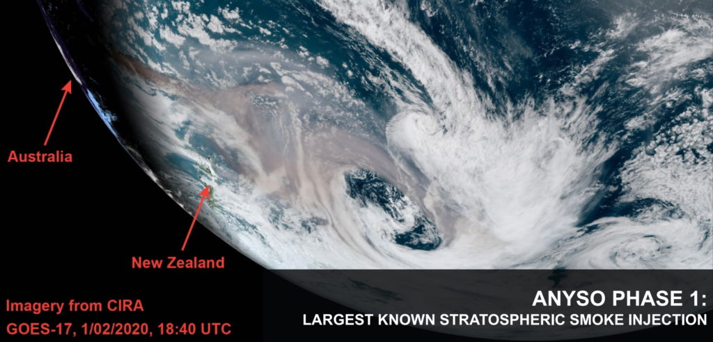 GOES-17 satellite view of the largest known stratospheric smoke injection, from Australia wildfires, 2 January 2020. This photo shows the first phase (29-31 December 2019) of the Australian New Year Super Outbreak (Anyso), which had unprecedented fire and pyrocumulonimbus cloud (pyroCb) activity. this event was the first known pyroCb “super outbreak”, with 32 updrafts over ~45hrs (day and night). Previous events recorded less than 10 updrafts in less than 24 hours. Photo: CIRA