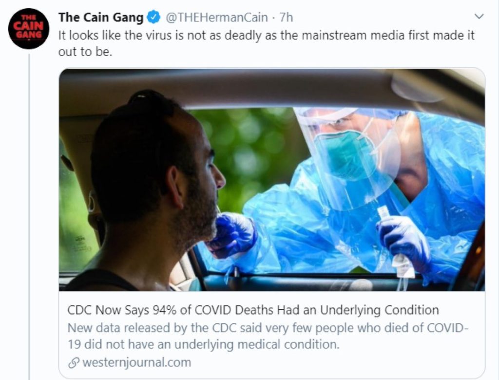 Tweet from the account of Republican Herman Cain on 31 August 2020 that reads, “It looks like the virus is not as deadly as the mainstream media made it out to be”, one month after his death from COVID-19. He was infected with the virus at a Trump rally on 20 June 2020 in Tulsa, Oklahoma. At least eight other Trump campaign aides were infected at the same event. Graphic: The Cain Gang / Twitter