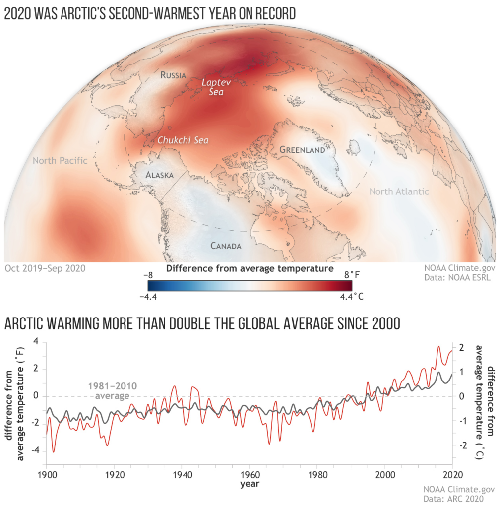 (top) Map showing near-surface air temperatures across the Arctic from October 2019–September 2020 compared to the 1981-2010 average. Most of the Arctic was warmer than average (red), with only a few places colder than average (blue). Map by NOAA Climate.gov, based on NCEP/NCAR Reanalysis data from the Physical Sciences Lab at NOAA ESRL. (bottom) Annual temperatures over land in the Arctic (red) versus the globe (dark gray) compared to the 1981-2010 average from 1900–2020. Graph by NOAA Climate.gov, adapted from the 2020 Arctic Report Card. Graphic: NOAA