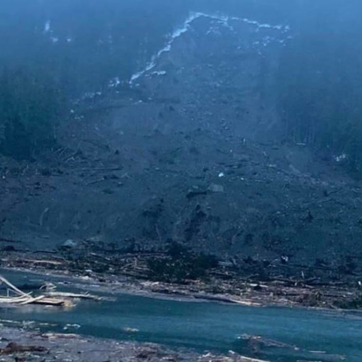 Record flooding caused this landslide in Haines, Alaska on 2 December 2020. Photo: Seaba Heli / Facebook