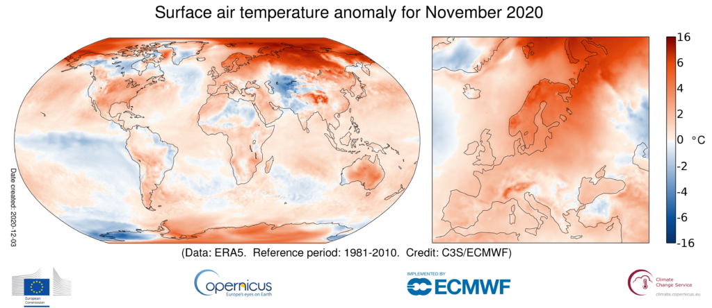 Map showing surface air temperature anomaly for November 2020 relative to the November average for the period 1981-2010. Data source: ERA5. Graphic: Copernicus Climate Change Service / ECMWF