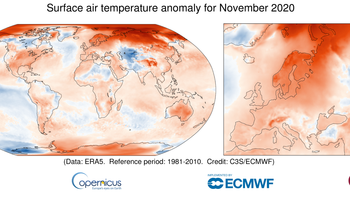 Map showing surface air temperature anomaly for November 2020 relative to the November average for the period 1981-2010. Data source: ERA5. Graphic: Copernicus Climate Change Service / ECMWF