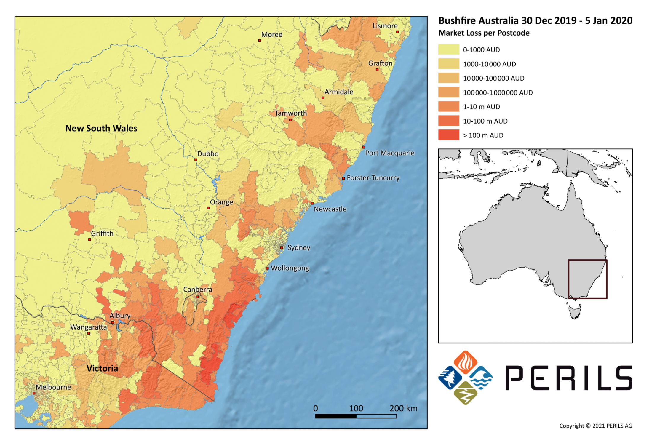 Map showing market losses per postcode in the “Black Summer” bushfires in Australia, 30 December 2019 - 5 January 2020. Graphic: PERILS AG