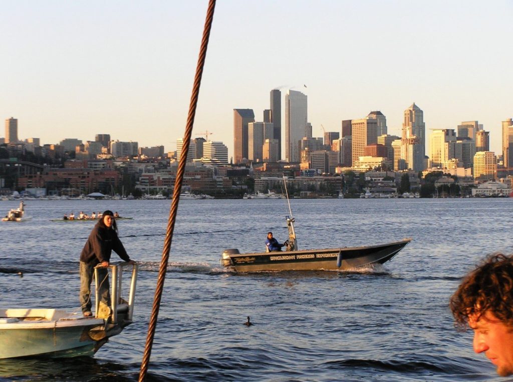 A Muckleshoot tribal fisherman on a boat fishing for sockeye salmon in Lake Union in 2006, the last time Seattle’s signature sockeye run was abundant enough for a fishery. Photo: Eric Warner / Muckleshoot Indian Tribe
