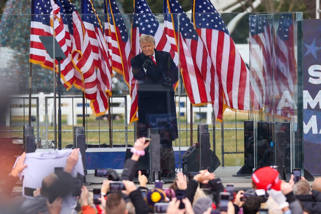 Donald Trump at the “Save America” rally in Washington D.C., where he ordered his insurrectionist mob to attack the Capitol, 6 January 2021. Photo: Tayfun Coskun / Getty Images