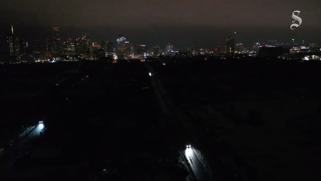 Aerial view of a power outage in Austin, Texas, on 25 February 2021, after the power grid failed during Winter Storm Uri. Austin residents with medical conditions struggled to survive amid widespread power outages and no water. Photo: Brontë Wittpenn and Ana Ramirez / Austin American-Statesman