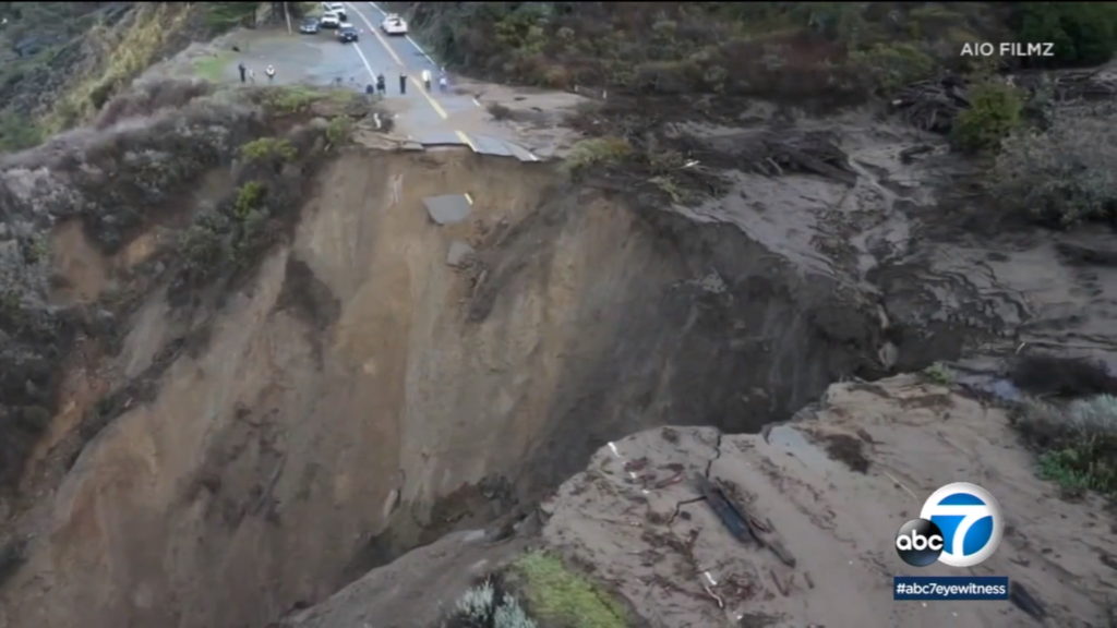 Aerial view of a section of Highway 1 which collapsed into the Pacific Ocean near Big Sur, California, on 31 January 2021. Photo: AIO Filmz / ABC 7 News