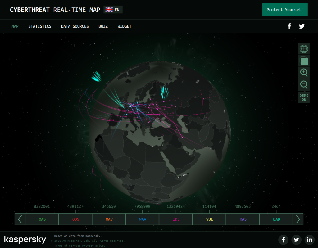 Screenshot of the Kaspersky Cyberthreat Real-time Map on 28 March 2021. Graphic: Kaspersky