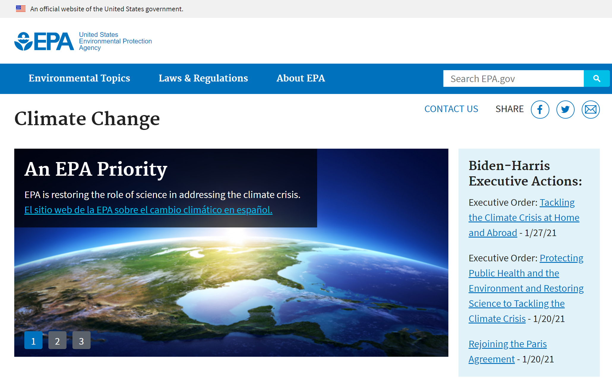 Screenshot of the EPA Climate Change website, which was relaunched on 17 March 2021 after President Biden reversed the antiscience policies of the Trump administration. Graphic: EPA