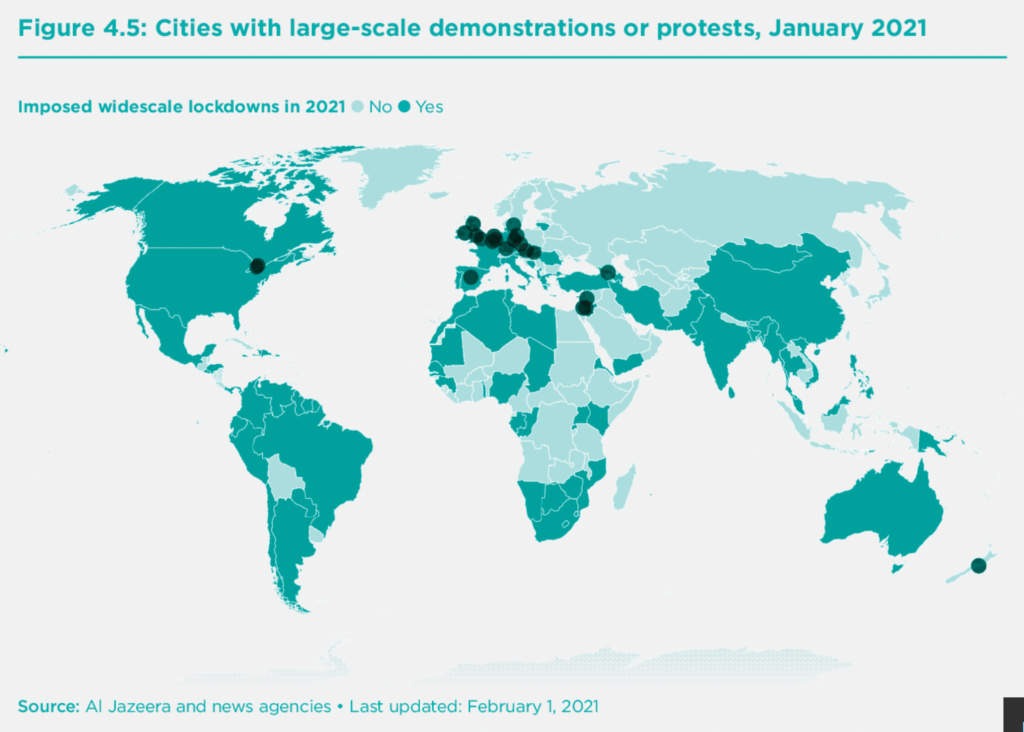 Global map showing large-scale protests against COVID-19 control measures, defined as those that lead to arrests, in January 2021. Nations in green imposed large-scale lockdowns in 2021. Graphic: Al Jazeera / World Happiness Report
