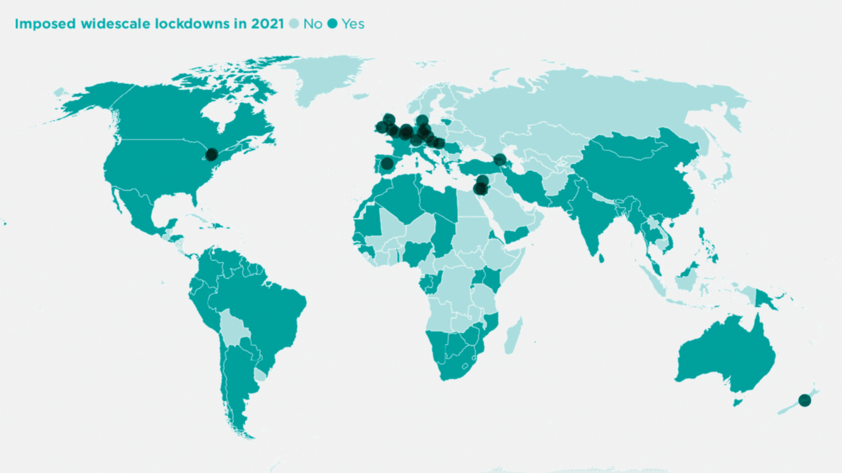 Global map showing large-scale protests against COVID-19 control measures, defined as those that lead to arrests, in January 2021. Nations in green imposed large-scale lockdowns in 2021. Graphic: Al Jazeera / World Happiness Report