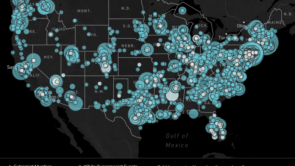 Map of the U.S. showing incidents of hate, extremism, antisemitism, and terrorism in 2020. Graphic: ADL