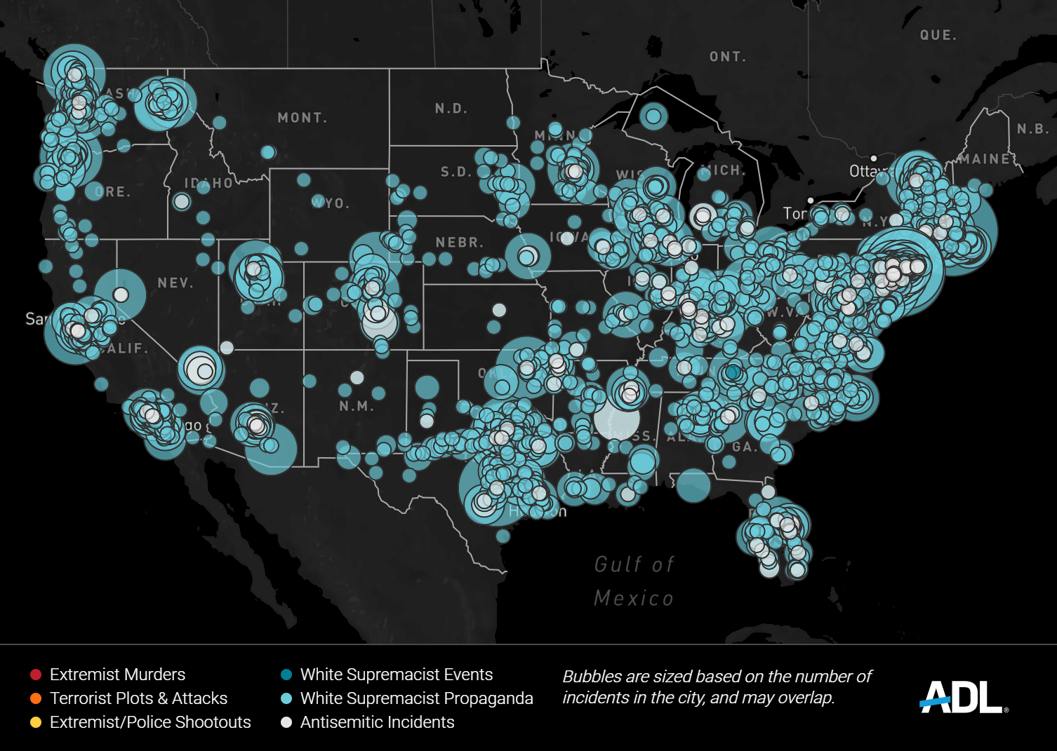 Map of the U.S. showing incidents of hate, extremism, antisemitism, and terrorism in 2020. Graphic: ADL
