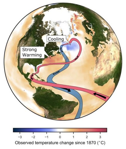 Observed change in Atlantic ocean temperatures since 1870. Because of these changes, the Atlantic Meridional Overturning Circulation (AMOC), also known as the Gulf Stream System, is weaker than at any time in the last 1000 years. Graphic: Levke Caesar