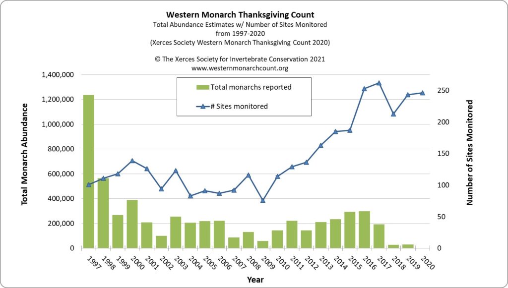 Western Monarch butterfly abundance, 1997–2020. Data are from the annual Thanksgiving count by volunteers for the Xerces Society. The graph shows that despite record volunteer effort, monarch numbers are at the lowest point recorded since the count started. Graphic: Xerces Society