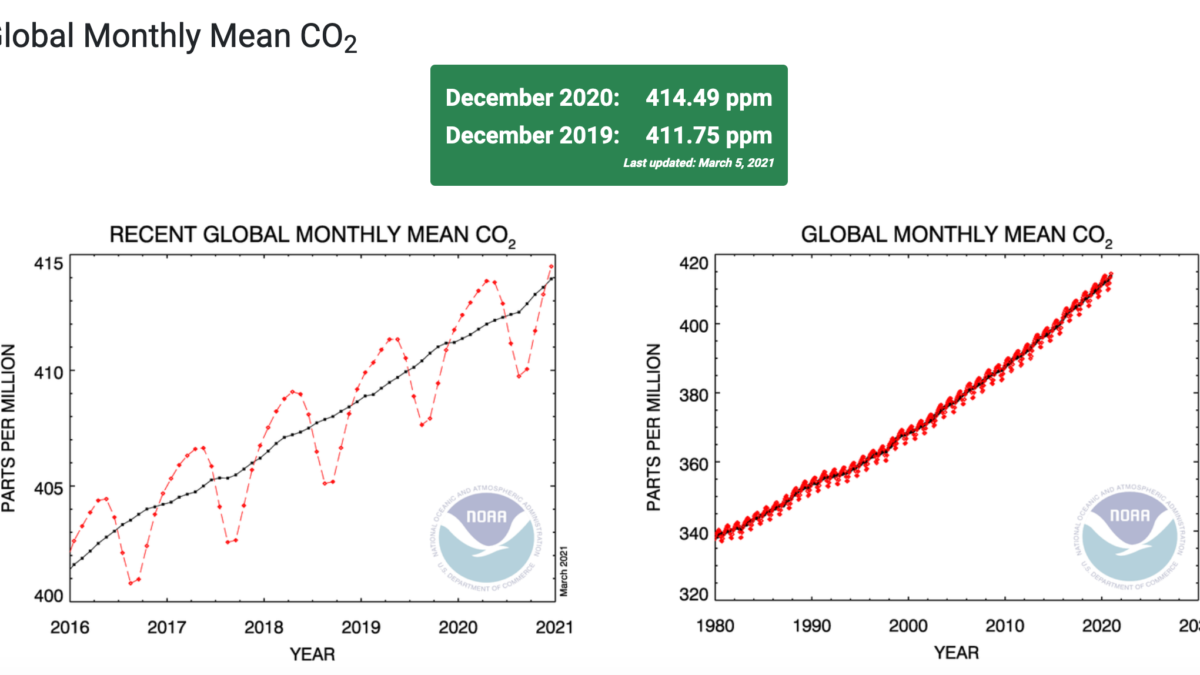 Global monthly mean atmospheric CO2, 1980-2020. These graphs shows the mean global atmospheric burden of carbon dioxide as analyzed from measurements collected by the NOAA Global Greenhouse Gas Reference Network. Graphic: NOAA Global Monitoring Laboratory