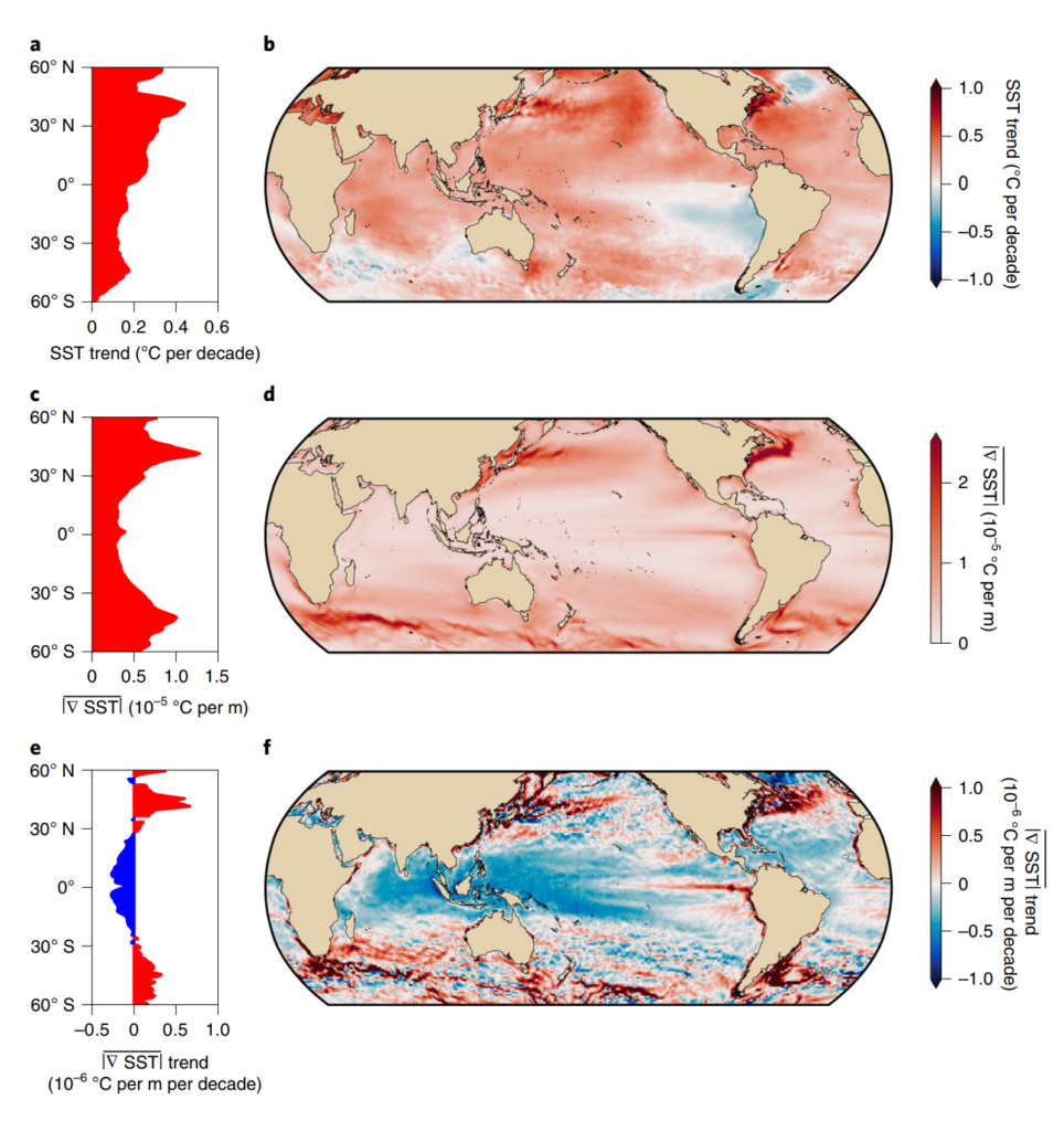 Sea surface temperature (SST) trends, mean SST gradient magnitude and SST gradient magnitude trends between 1993 and 2020. a, Zonally averaged SST trend. b, Map of SST trend (76.7% of the area is statistically significant above the 95% confidence level; for the spatial distribution, refer to Extended Data Fig. 1c). c, Zonally averaged time-mean of SST gradient magnitude (|∇SST|). d, Map of time-mean of SST gradient magnitude. e, Zonally averaged SST gradient magnitude trend. f, Map of SST gradient magnitude trend (81.6% of the area is statistically significant above the 95% confidence level; see Extended Data Fig. 1d). Note that the spatial pattern of SST gradient maps is independent of the temporal extent of the SST gradient record used to compute the SST gradient trends. Graphic: Martinez Moreno, et al., 2021 / Nature Climate Change