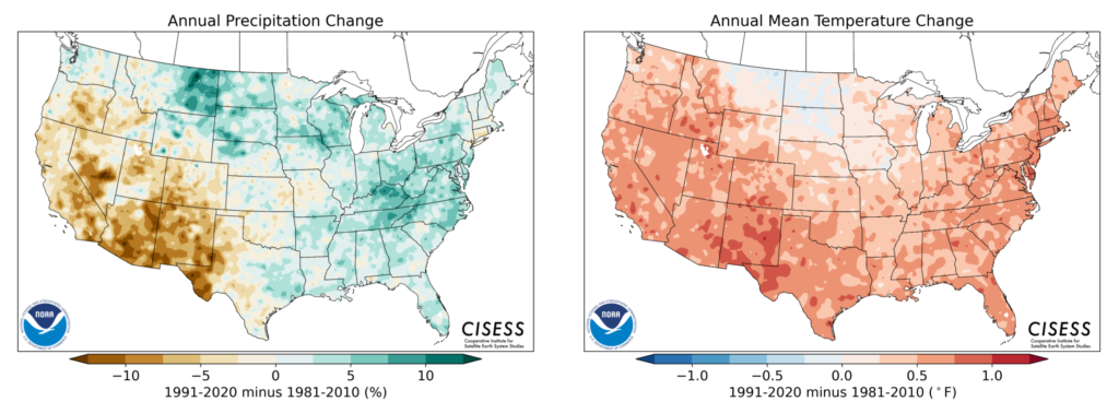 Annual precipitation change (left) and annual mean temperature change (right) in the period 1991-2020, compared with the 1981-2010 averages. Most of the U.S. was warmer, and the eastern two-thirds of the contiguous U.S. was wetter, from 1991–2020 than the previous normals period, 1981–2010. The Southwest was considerably drier on an annual basis, while the central northern U.S. has cooled somewhat. Graphic: NCEI