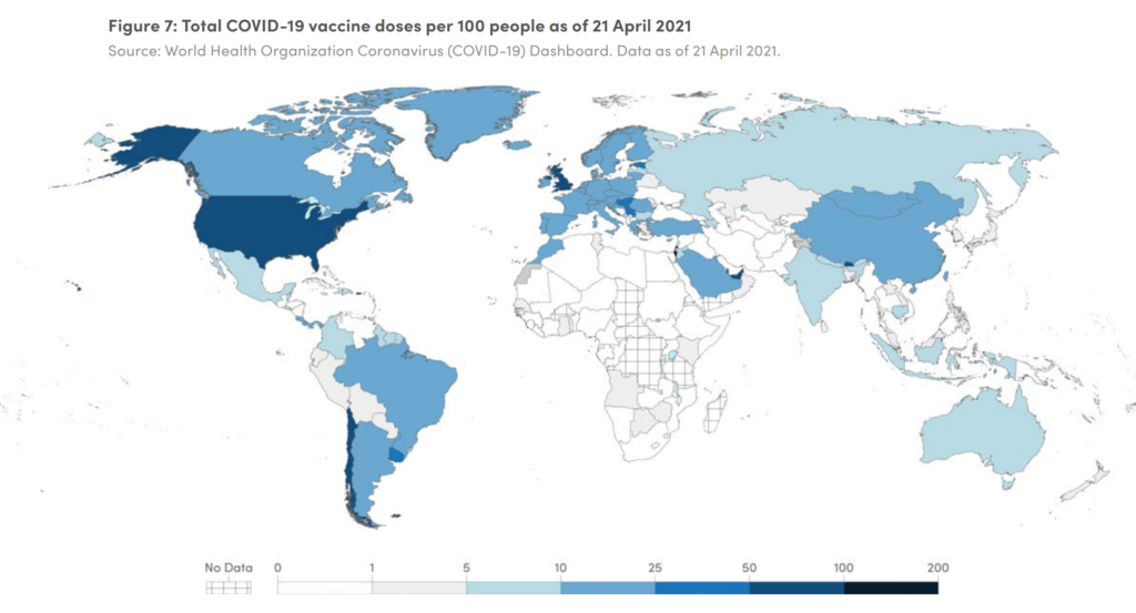 Map showing total COVID-19 vaccine doses per 100 people as of 21 April 2021. Vaccine access and distribution is a highly charged political issue and choice. As of April 2021, a number of high-income countries, including Australia, Canada, New Zealand, the United Kingdom, across the European Union, and the United States, have been able to secure vaccine doses that would be enough to cover 200 percent of their populations Data: World Health Organization Coronavirus (COVID-19) Dashboard. Data as of 21 April 2021. Graphic: The Independent Panel for Pandemic Preparedness and Response