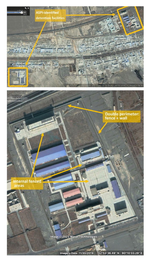 Satellite view of Southern Shanshan Stone Materials Industrial Park (Top) and the ASPI-identified internment camp / factory co-location in the northeastern corner of the park (bottom), showing a double-perimeter fence and wall for imprisoning slave laborers. Photo: Google Earth Pro