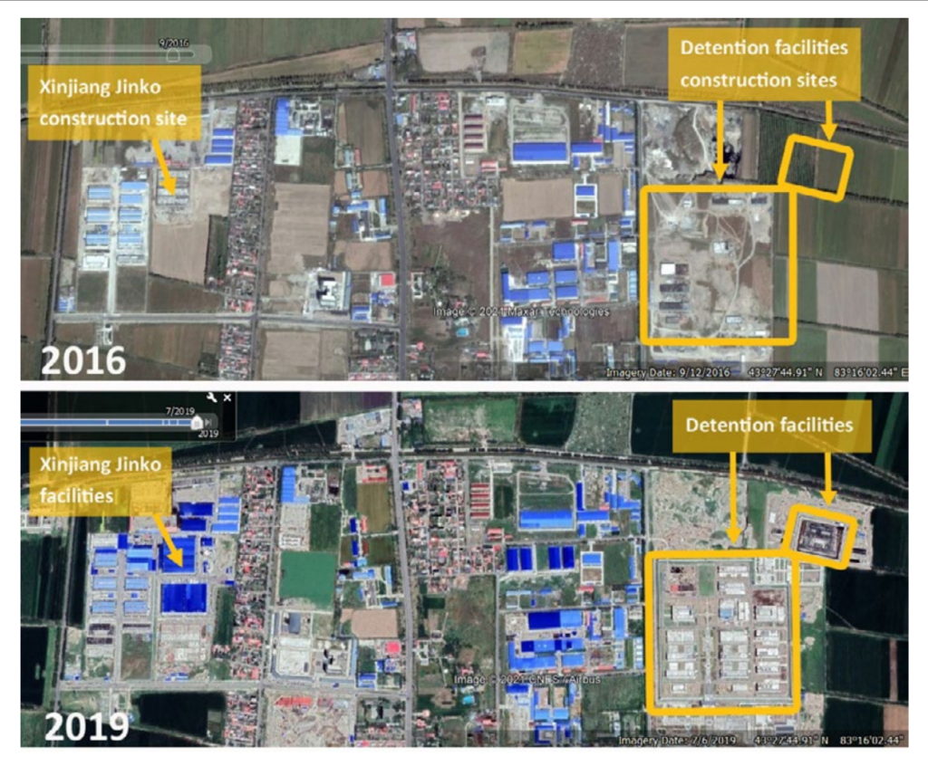 Satellite view of the Xinyuan Industrial Park Site in 2016 and 2019 showing the construction of a detention camp for slave laborers. Photo: Google Earth Pro