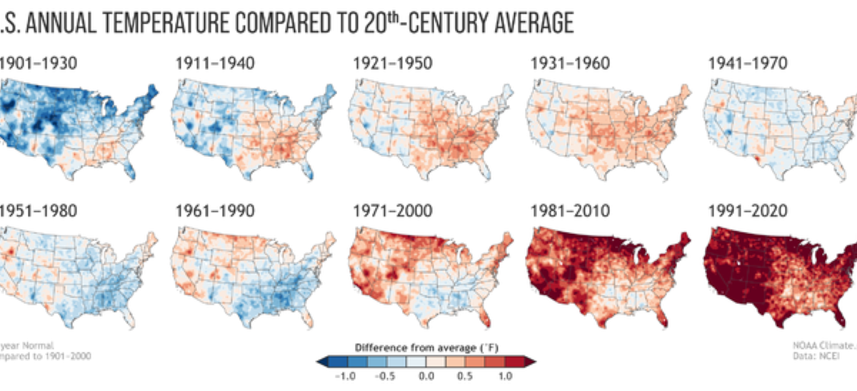 U.S. annual temperatures compared with 20th-century averages, 1901-2020. Each map shows the 30-year average temperatures compared with the 1901-2000 average. Data: NCEI. Graphic: CBS News