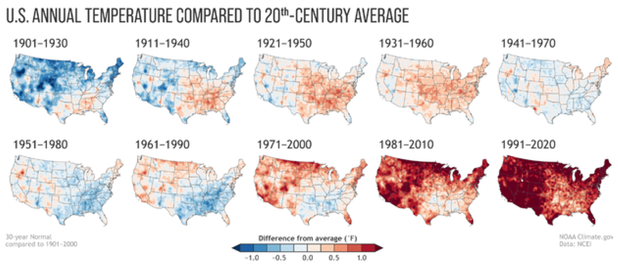 U.S. annual temperatures compared with 20th-century averages, 1901-2020. Each map shows the 30-year average temperatures compared with the 1901-2000 average. Data: NCEI. Graphic: CBS News