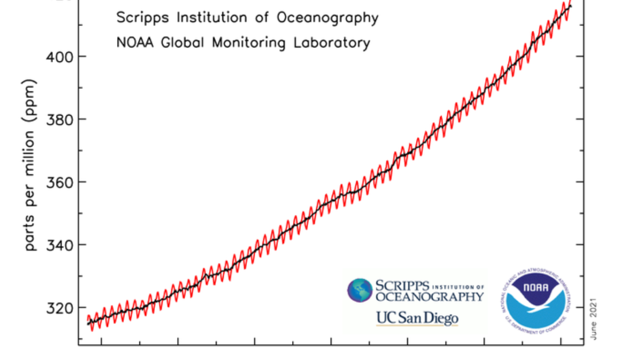 Atmospheric CO2 at Mauna Loa Observatory, 1958-2021. This graph depicts the upward trajectory of carbon dioxide in the atmosphere as measured at the Mauna Loa Atmospheric Baseline Observatory by NOAA and the Scripps Institution of Oceanography. The annual fluctuation is known as the Keeling Curve. Graphic: NOAA Global Monitoring Laboratory