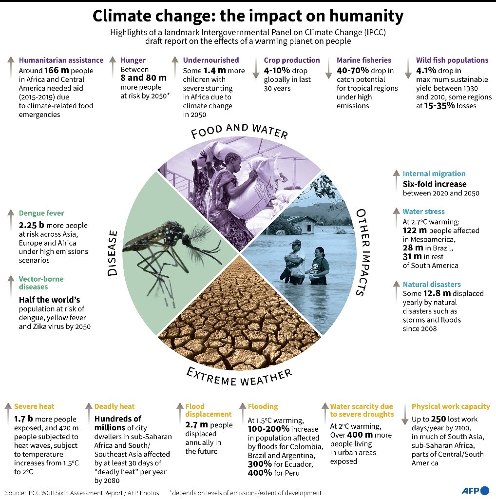 Climate change impacts on humanity, showing highlights from the sixth IPCC draft report. Graphic: IPCC WG 2 Sixth Assessment Report / AFP